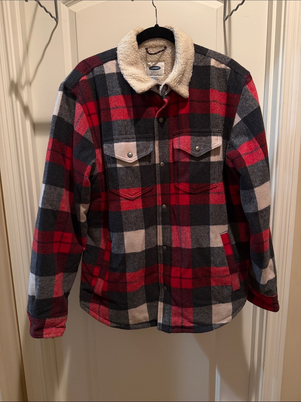 Old Navy Red, Black & Gray Plaid Sherpa-Lined Shirt Jacket wool